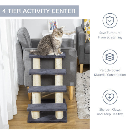 PawHut Cat Tree With 4 Steps For High Beds Couch, Cute Stair Shaped Cat Tree For Indoor Cats Or Dogs W Sisal Scratching Post, Climbing, Playing, Gray