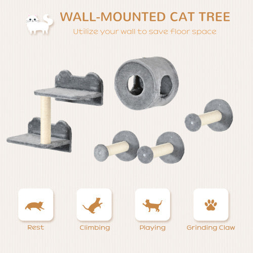 5PCs Cat Wall Shelves, Pet Wall-mounted Climbing Shelf Set, Kitten Activity Center With Condo, Cushion, Scratching Post, Jumping Platform, Brown