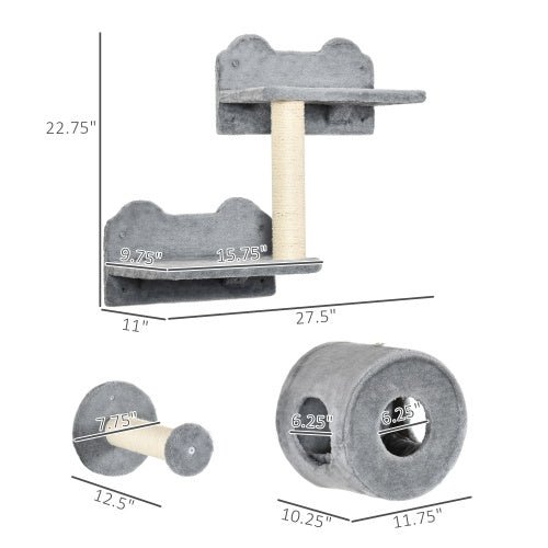 5PCs Cat Wall Shelves, Pet Wall-mounted Climbing Shelf Set, Kitten Activity Center With Condo, Cushion, Scratching Post, Jumping Platform, Brown