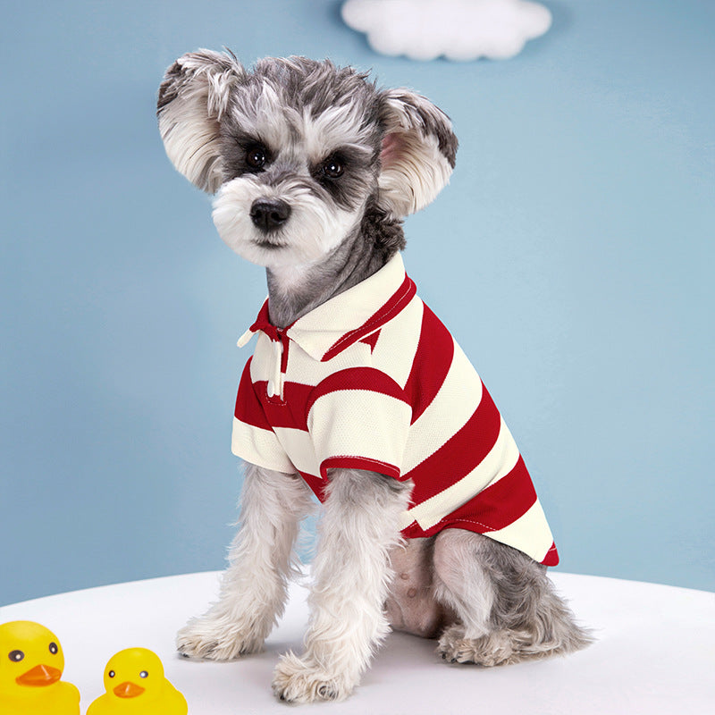 Pet Dog Polo Shirt Striped Beaded Lapel Elastic