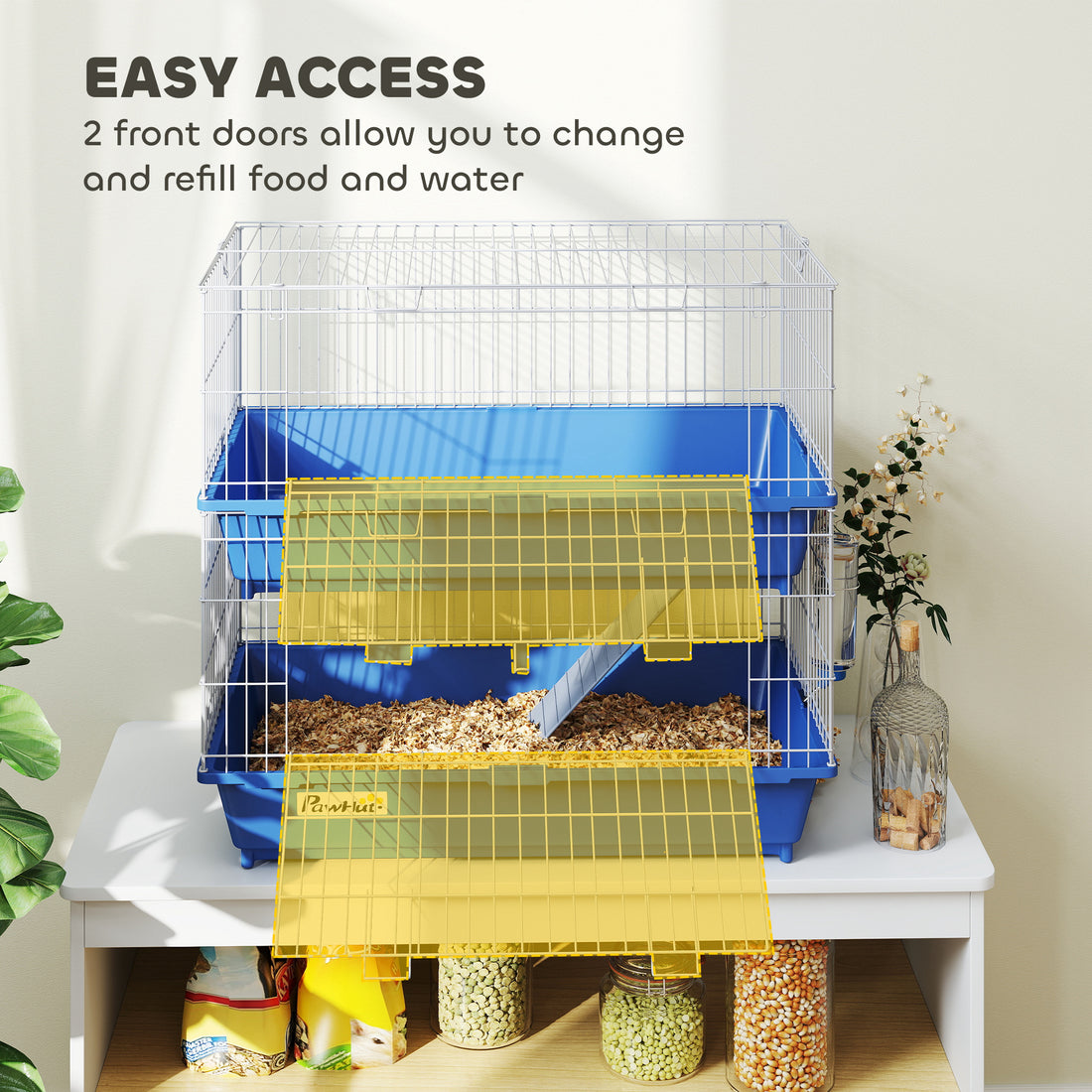 2-Tier Guinea Pig Cage, Ferret Cage, Chinchilla Cage, Small Animal Cage Indoor with Dish and Bottle, 2 Doors, Deep Bottoms, Ramp, 28", Blue